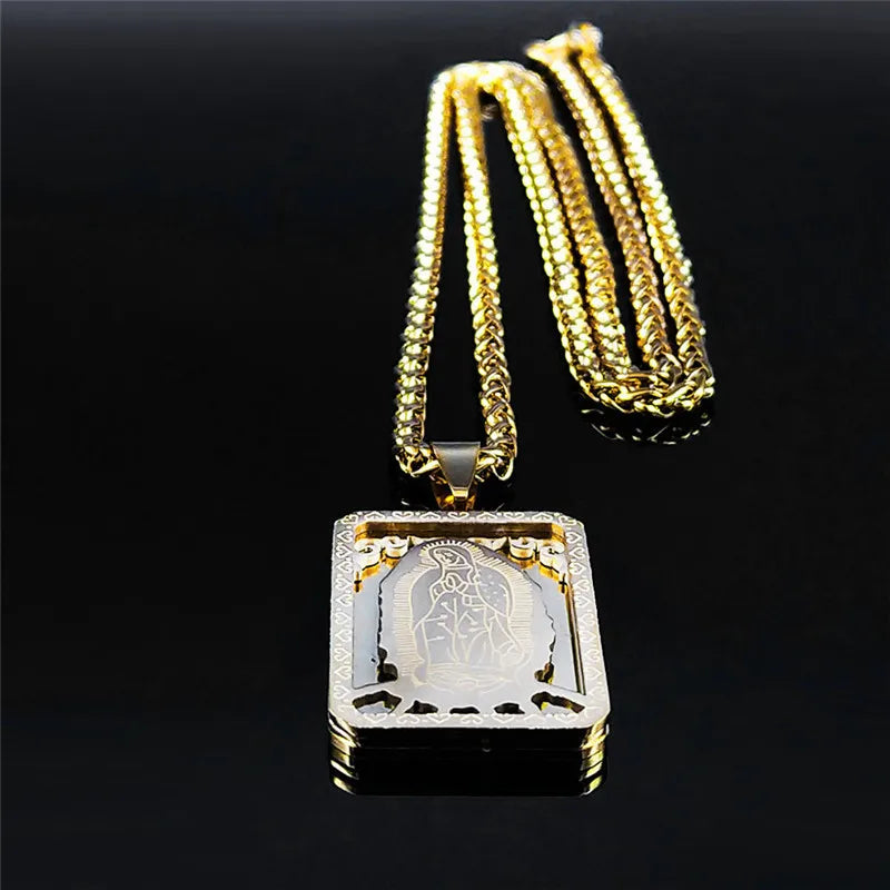 HNSP 316L Stainless Steel Virgin Mary Medal Protect Necklace Pendant For Men Religion Rosary Jewelry Accessories