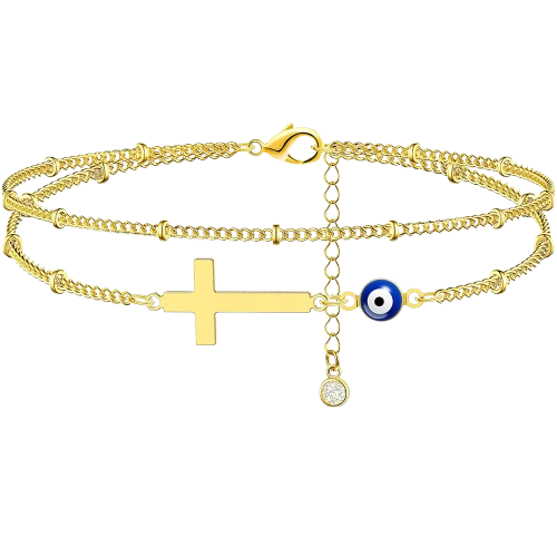 Cross Anklet with Blue Eye Charm – Golden