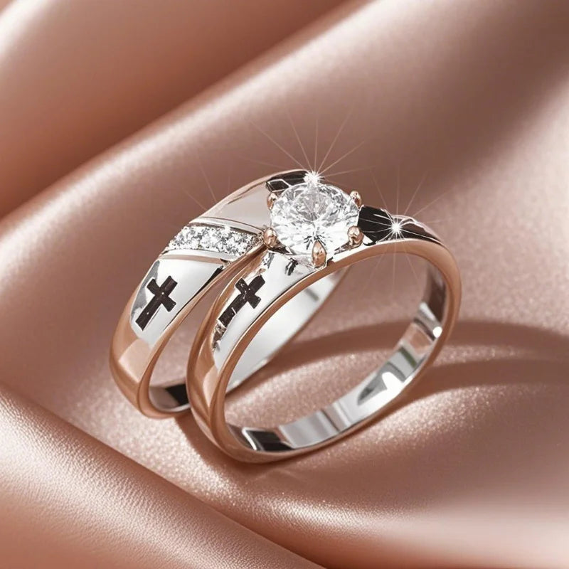 2pcs Luxury Geometric Elegant Cross Couples Ring for Women Wedding Men Engagement Party Jewelry Accessories