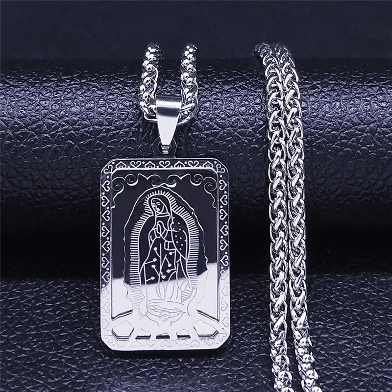 HNSP 316L Stainless Steel Virgin Mary Medal Protect Necklace Pendant For Men Religion Rosary Jewelry Accessories