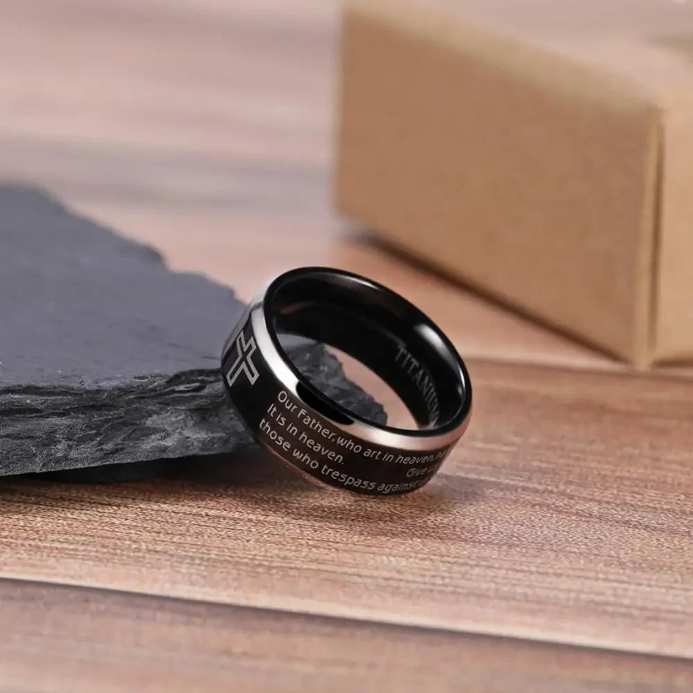 Tigrade Black Ring for Man Woman Titanium Bible Verse Cross Jesus Ring 8mm Wide English Unisex Christian Ring Religious Size5-15