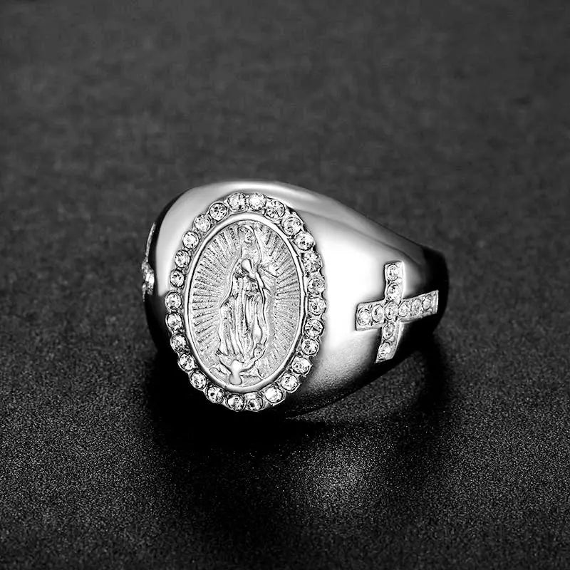 Men' Catholic Virgin Mary Cubic Zirconia Cross Rings Stainless Steel Religious Ring Size 7-13