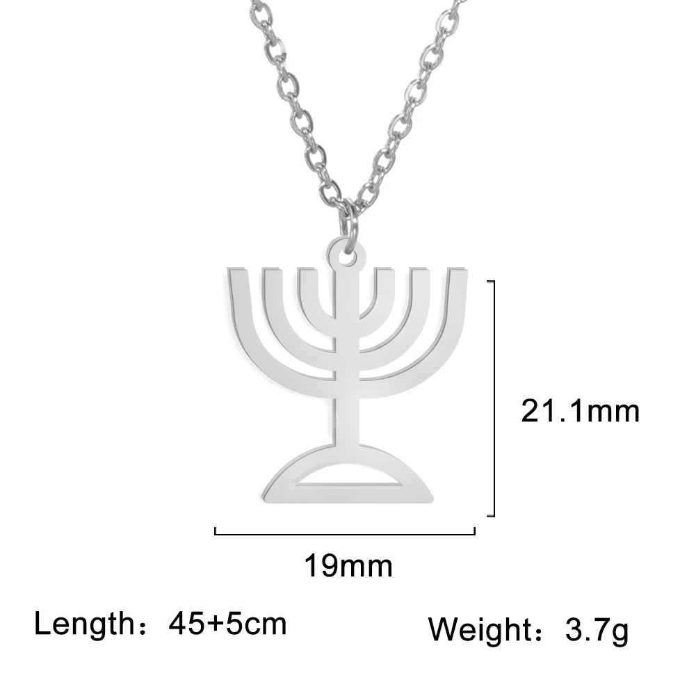 Lucktune Judaism Menorah Pendant Necklace Stainless Steel Lampstand Sacred Amulet Chain Necklace for Women Men Vintage Jewelry