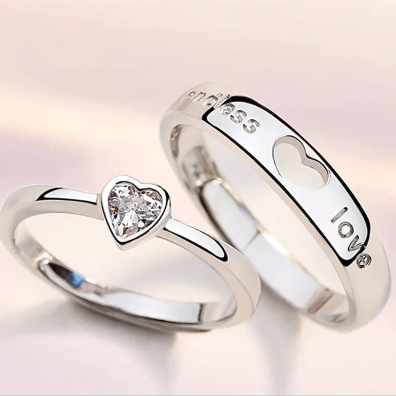 2Pcs/sets Zircon Love Heart Matching Couple Rings Forever Endless Love Wedding Ring For Women Men Lovers Valentine's Day Jewelry