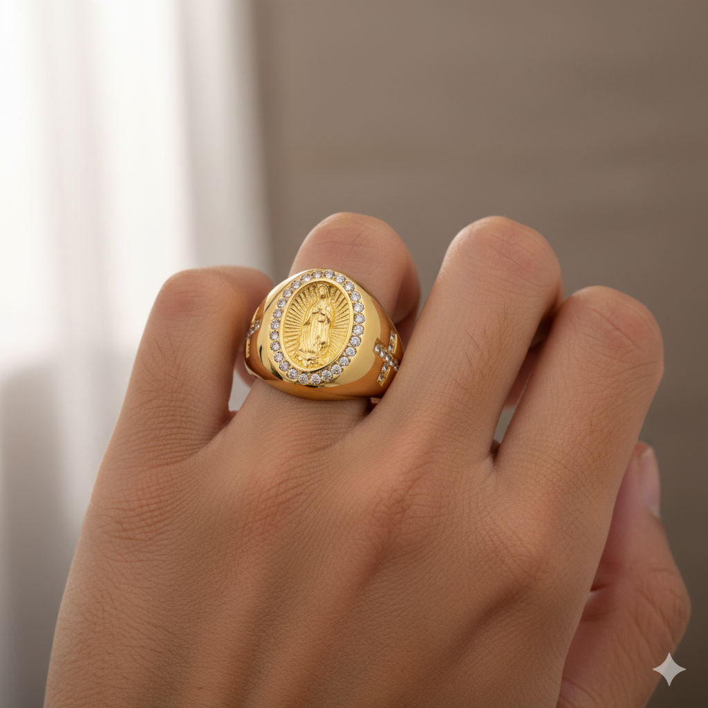 Virgin Mary Cross Ring for Men – Gold