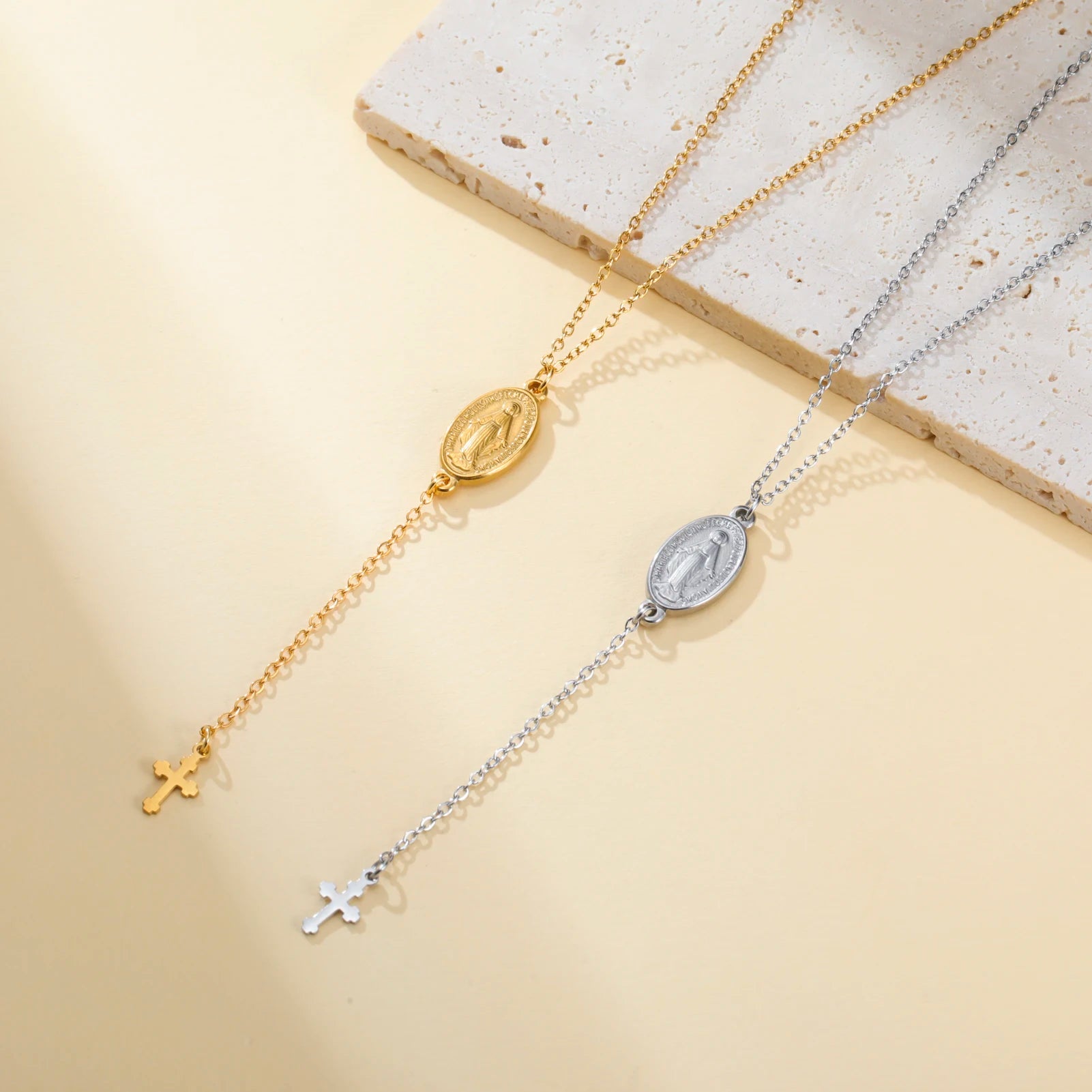 Lucktune Virgin Mary With Cross Pendant Necklace Stainless Steel Women's Necklace Mother of God Jewelry Religious Amulet Gifts