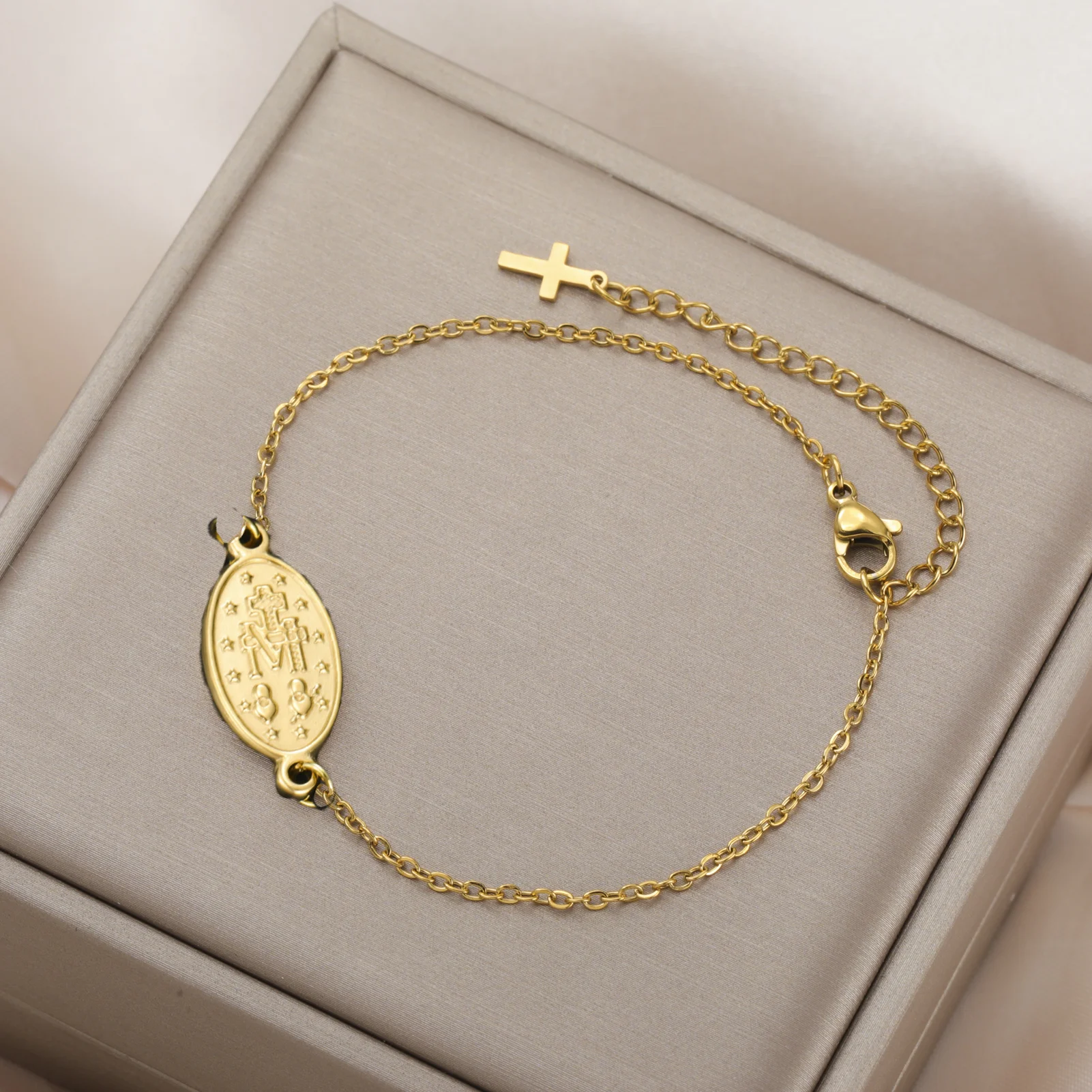 Skyrim Virgin Mary Cross Charm Bracelet Stainless Steel Double Layer Beads Chain Bracelets Religious Amulet Blessed Jewelry Gift