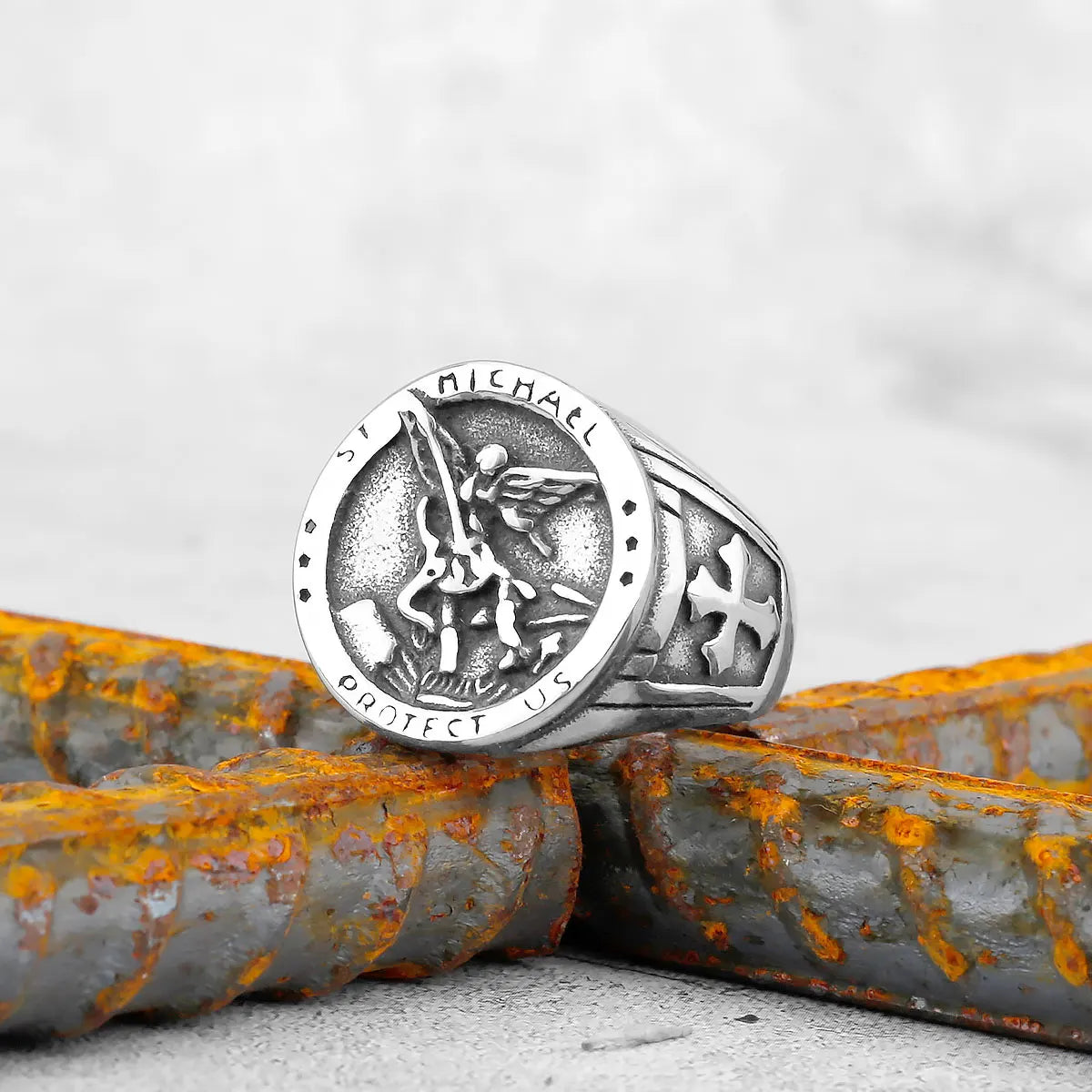 Archangel Religion Amulet Cross Ring Gold Color Stainless Steel Mens Rings Punk for Male Boyfriend Biker Jewelry Creativity Gift