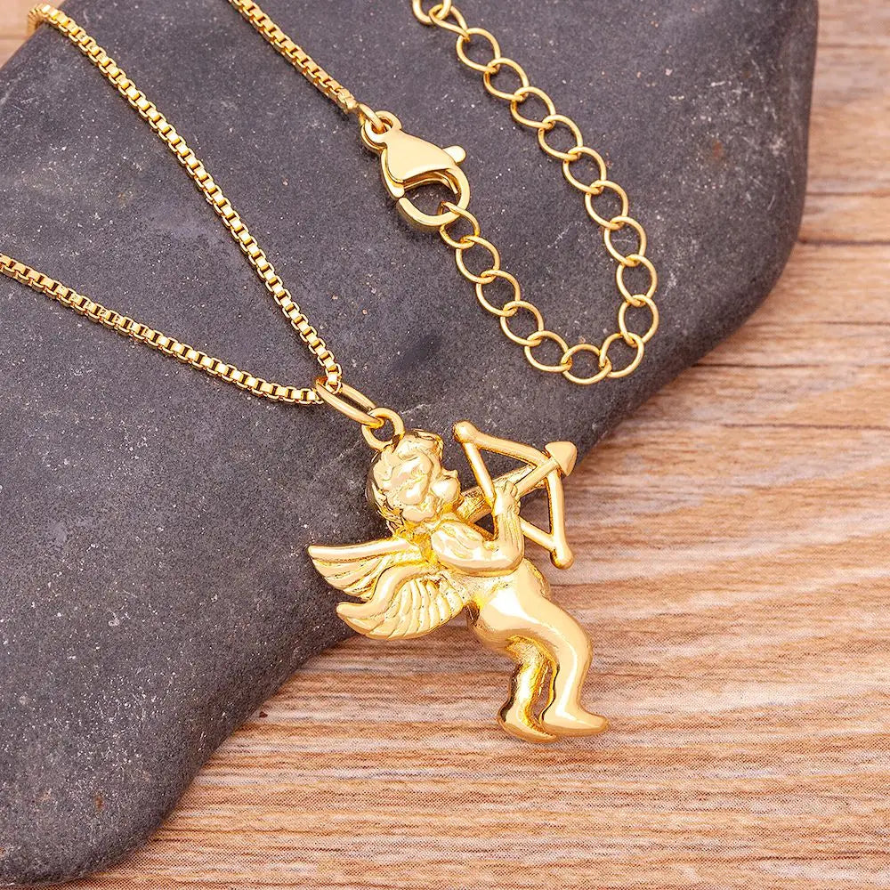 Nidin Hot Fine Angel Cupid Bow and Arrow Pendant Necklaces For Women Long Chain Choker Romantic Lovers Matching Jewelry Gift