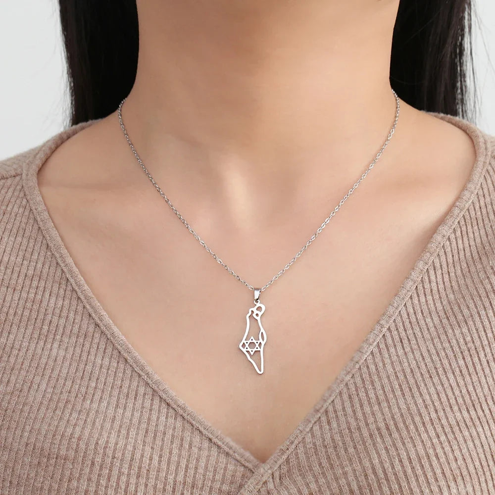 Jewish Israel Map Pendant Choker Chain Stainless Steel Gold Color Star of David Hexagram Necklace for Women Jewelry Gift