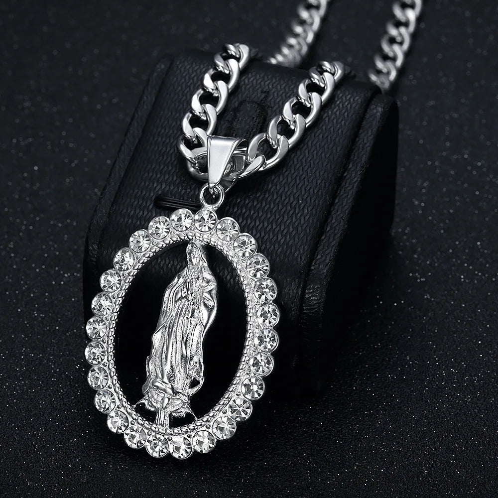 European and American hip-hop HIPHOP accessories titanium steel gold-plated diamond Virgin Mary pendant necklace