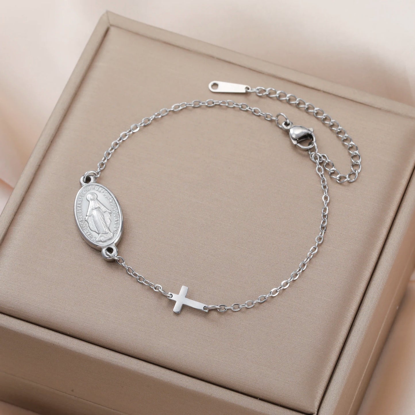 Skyrim Virgin Mary Cross Charm Bracelet Stainless Steel Double Layer Beads Chain Bracelets Religious Amulet Blessed Jewelry Gift