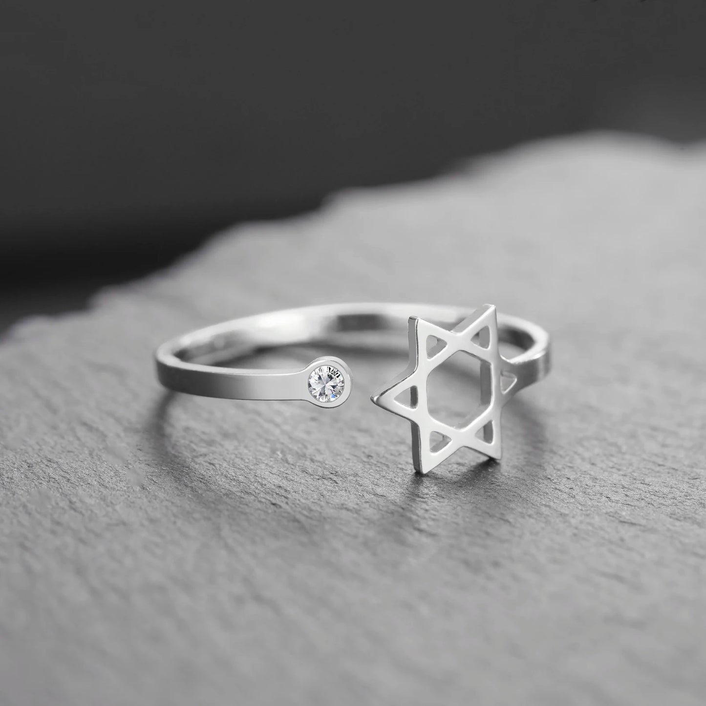 Teamer Jewish Star of David Open Ring with Clear Zircon Stainless Steel Ring Women Hexagram Jewelry Birthday Gift Wholesale