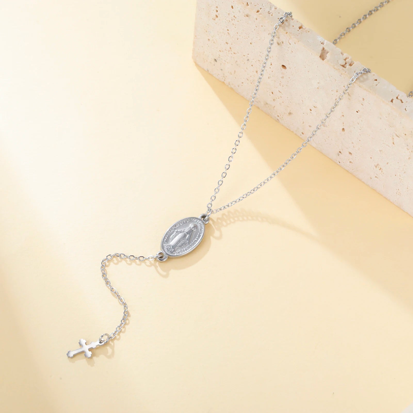 Lucktune Virgin Mary With Cross Pendant Necklace Stainless Steel Women's Necklace Mother of God Jewelry Religious Amulet Gifts