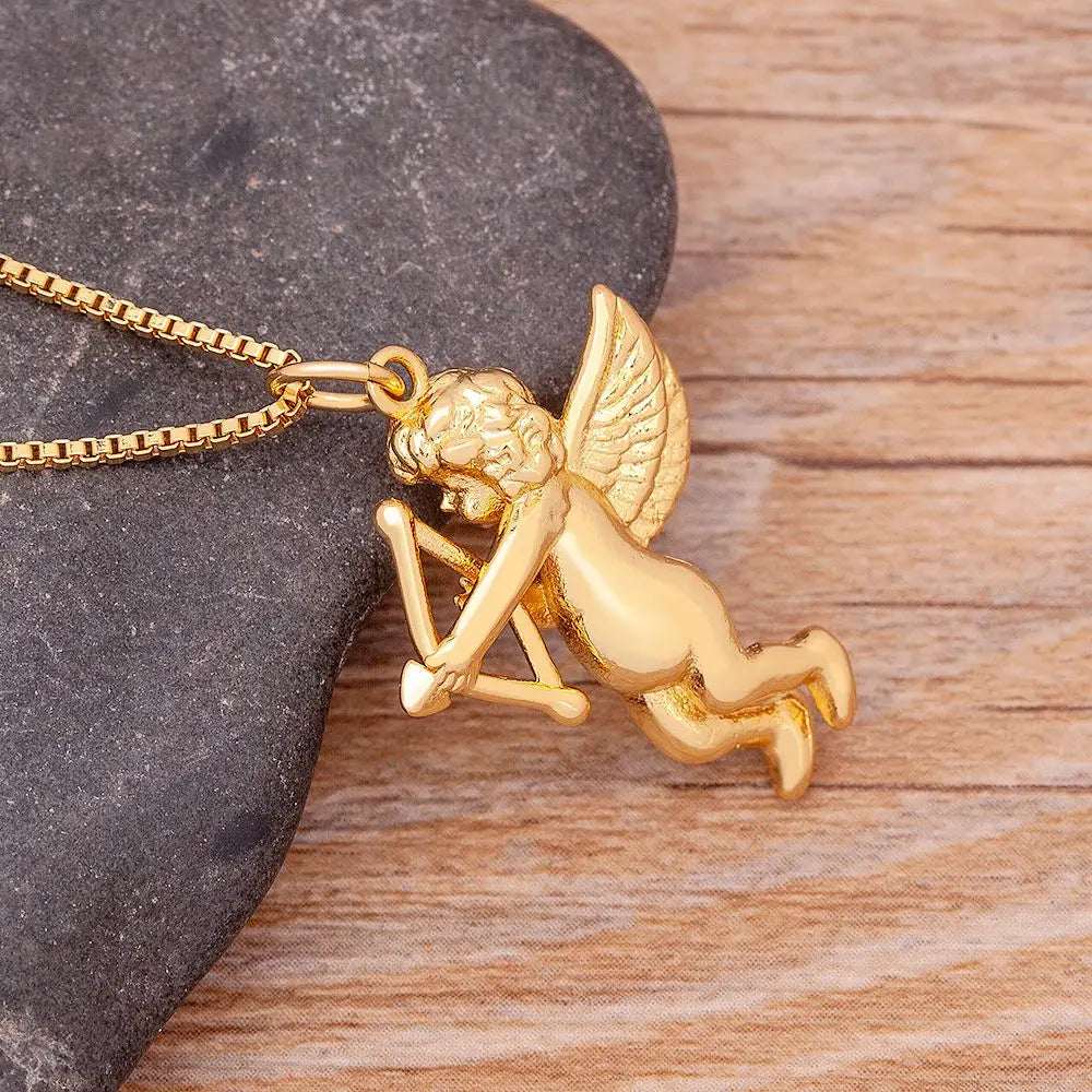 Nidin Hot Fine Angel Cupid Bow and Arrow Pendant Necklaces For Women Long Chain Choker Romantic Lovers Matching Jewelry Gift