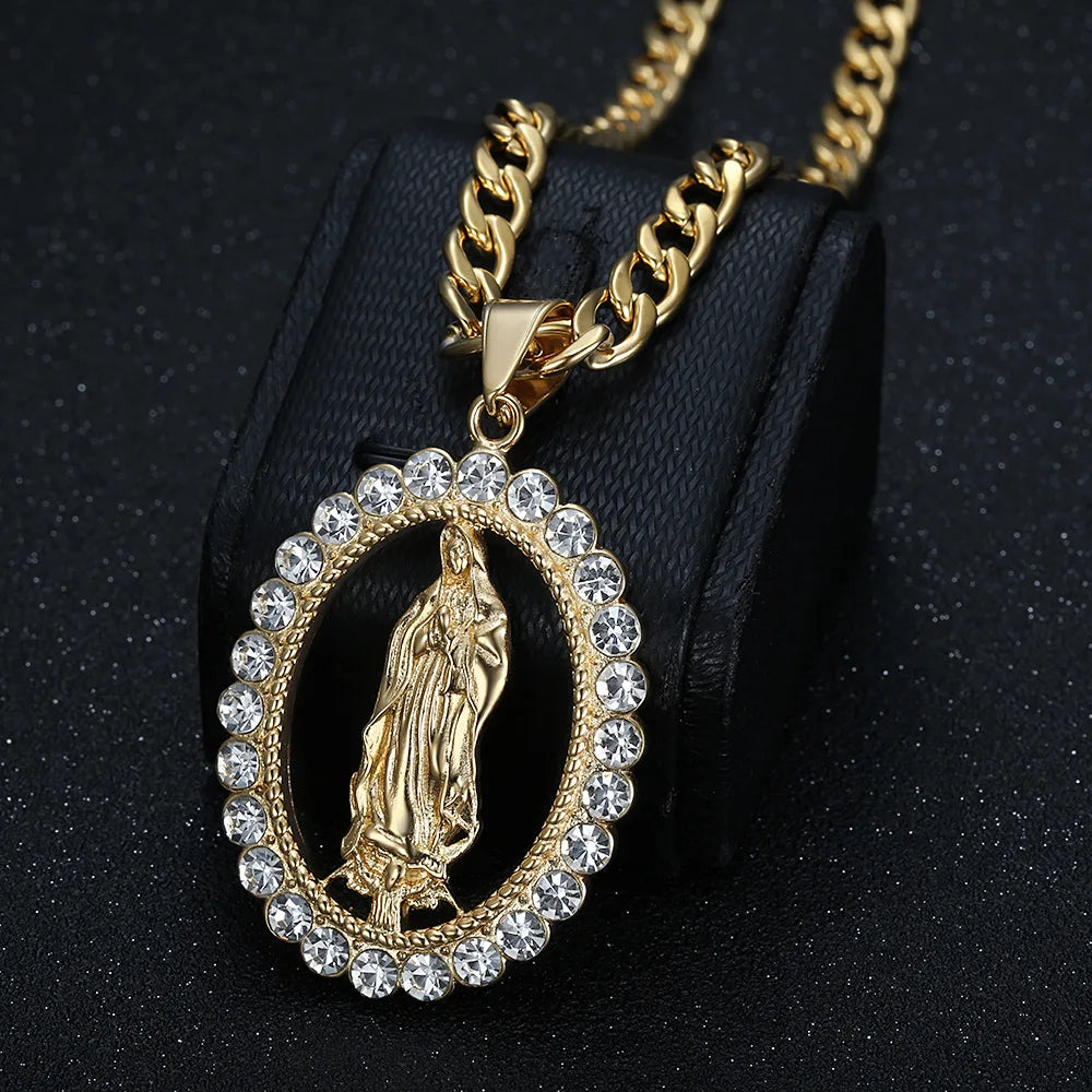 European and American hip-hop HIPHOP accessories titanium steel gold-plated diamond Virgin Mary pendant necklace