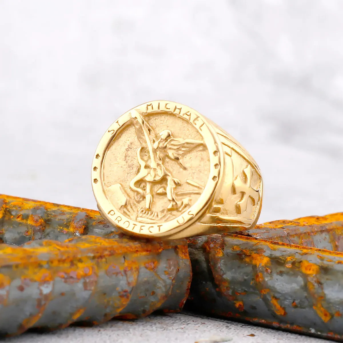 Archangel Religion Amulet Cross Ring Gold Color Stainless Steel Mens Rings Punk for Male Boyfriend Biker Jewelry Creativity Gift
