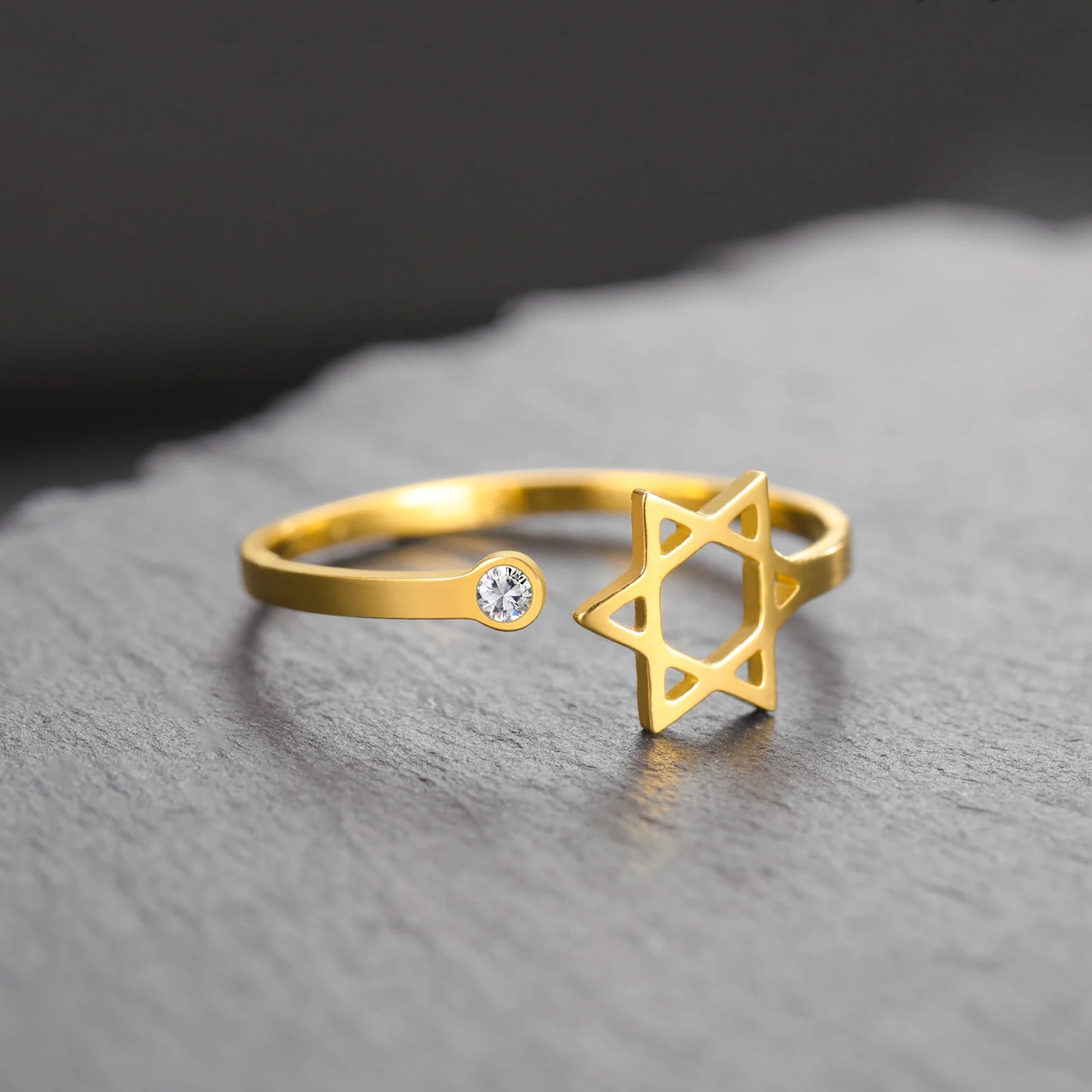 Teamer Jewish Star of David Open Ring with Clear Zircon Stainless Steel Ring Women Hexagram Jewelry Birthday Gift Wholesale
