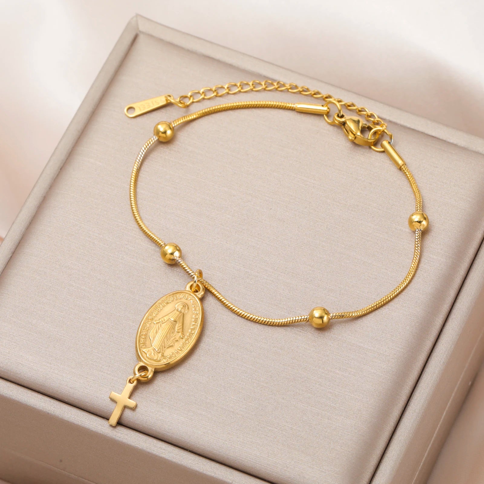 Skyrim Virgin Mary Cross Charm Bracelet Stainless Steel Double Layer Beads Chain Bracelets Religious Amulet Blessed Jewelry Gift