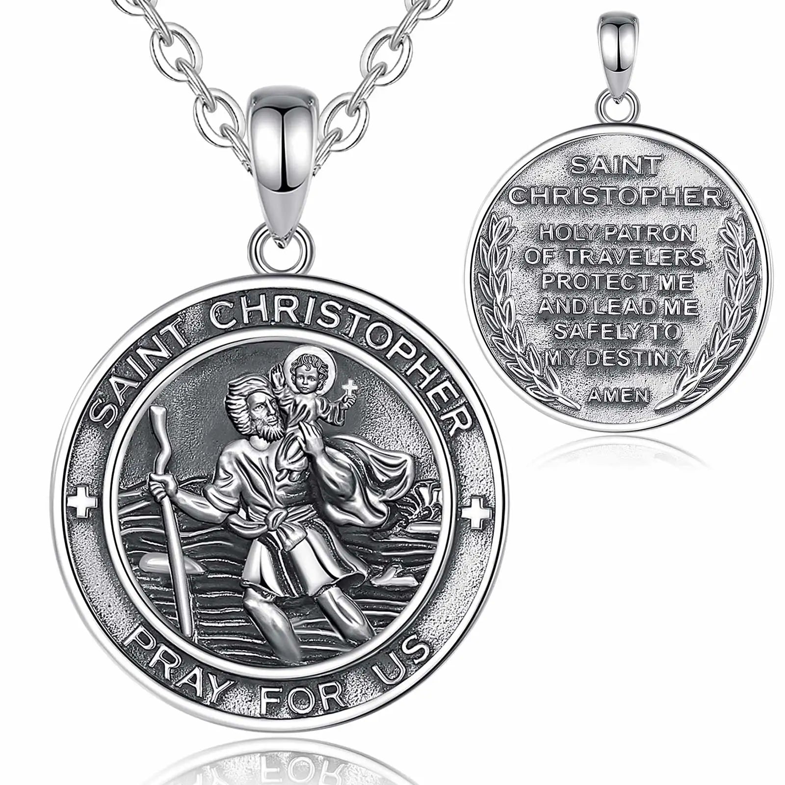 Eudora 925 Sterling Silver St Christopher Necklace Vintage Medallion Cross Pendant for Men Women Personality Religious Jewelry